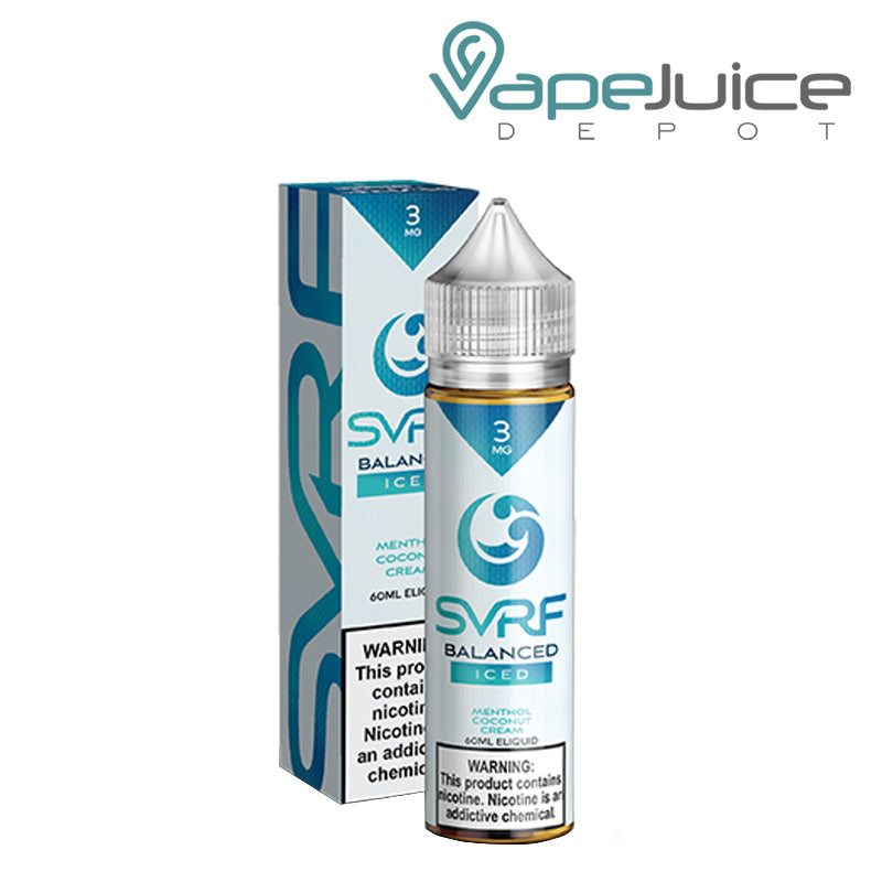 A box of ICED Balanced SVRF eLiquid with a warning sign and a 60ml bottle next to it - Vape Juice Depot