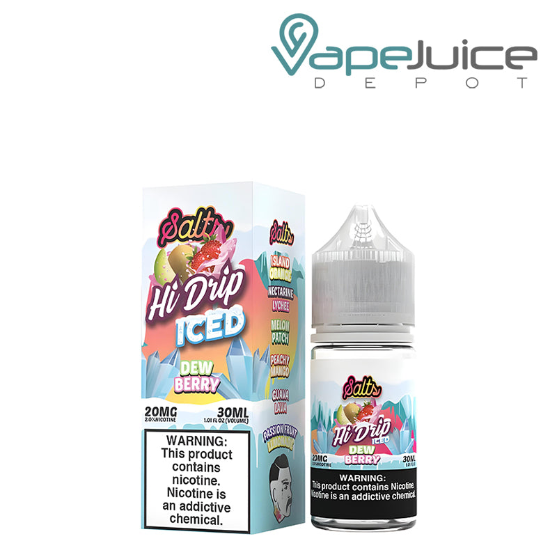 A box of 20mg ICED Dewberry Hi-Drip Salts with a warning sign and a 30ml bottle next to it - Vape Juice Depot