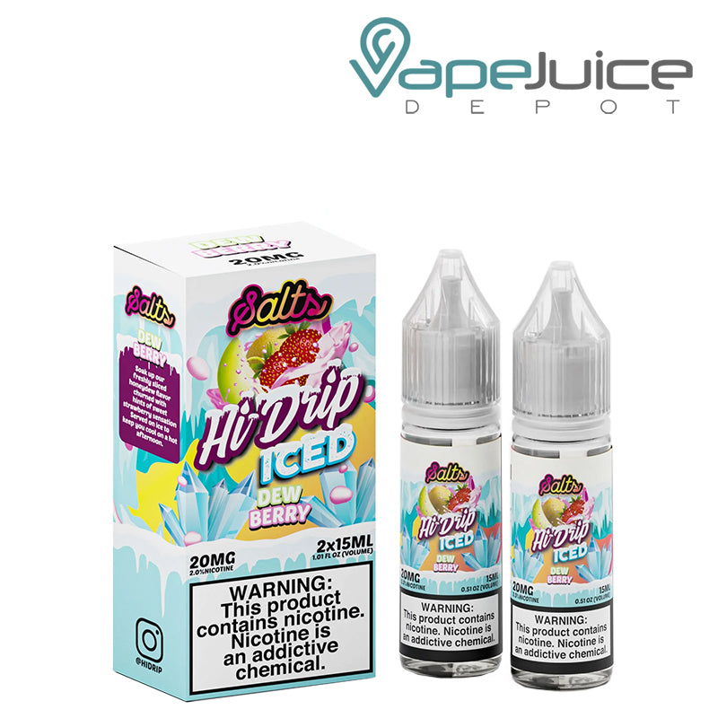 A box of ICED Dewberry Hi-Drip Salts with a warning sign and two 15ml bottles next to it - Vape Juice Depot