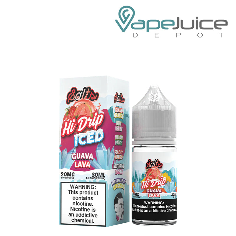A box of 20mg ICED Guava Lava Hi-Drip Salts with a warning sign and a 30ml bottle next to it - Vape Juice Depot