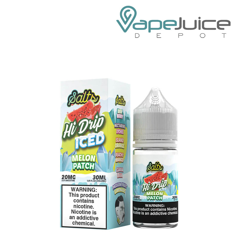 A box of ICED Melon Patch Hi Drip Salts with a warning sign and 30ml bottle next to it - Vape Juice Depot