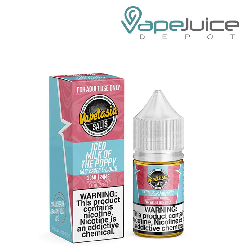 A box of ICED Milk of The Poppy Vapetasia Salts with a warning sign and a 30ml bottle next to it - Vape Juice Depot