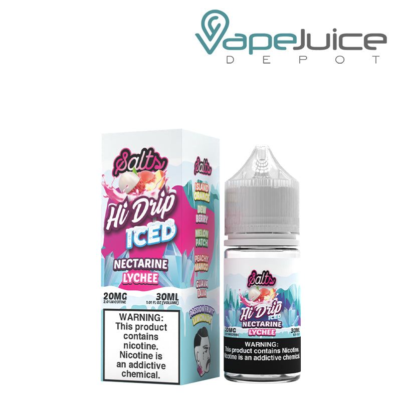 A box of Iced Nectarine Lychee Hi Drip Salts with a warning sign and a 30ml bottle next to it - Vape Juice Depot