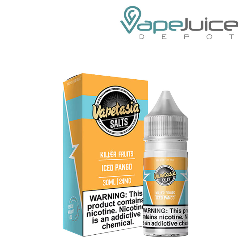 A Box of ICED Pango Vapetasia Salts with a warning sign and a 30ml bottle next to it - Vape Juice Depot