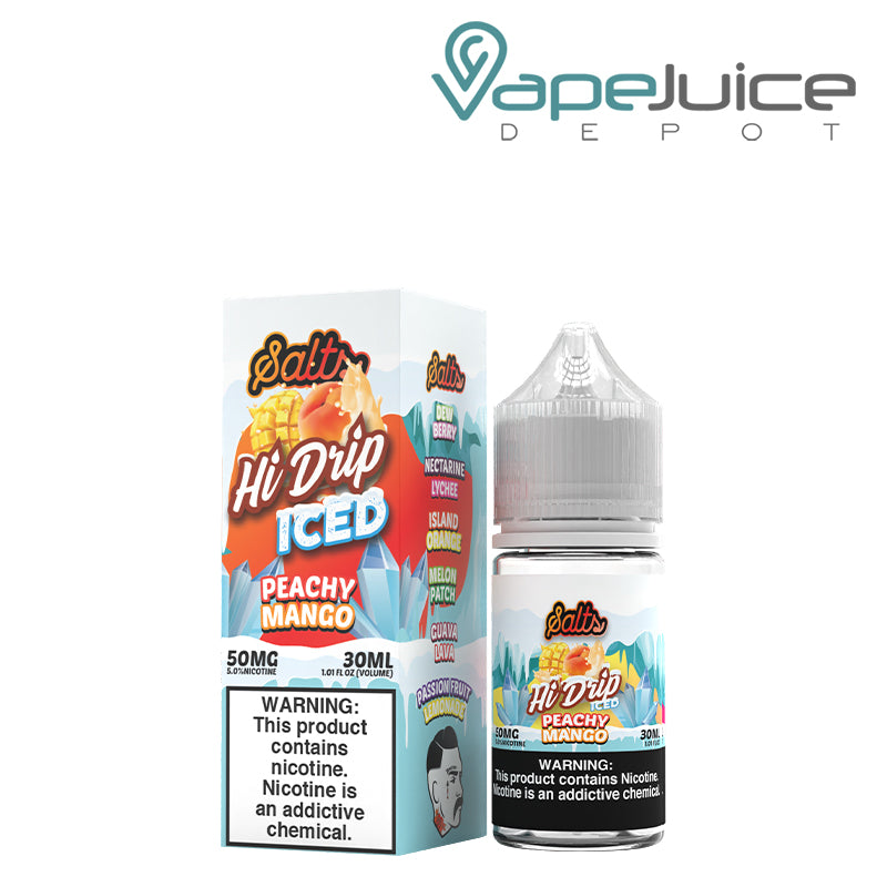 A box of ICED Peachy Mango Hi Drip Salts with a warning sign and a 30ml bottle next to it - Vape Juice Depot