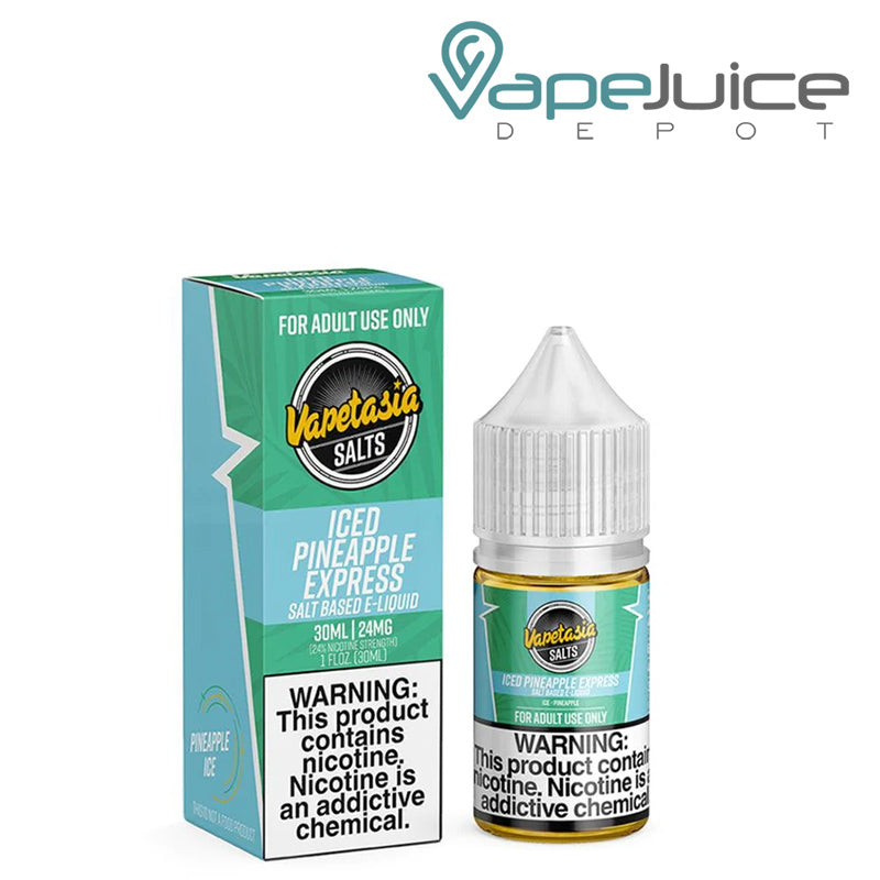 A box of ICED Pineapple Express Vapetasia Salts with a warning sign and a 30ml bottle next to it - Vape Juice Depot