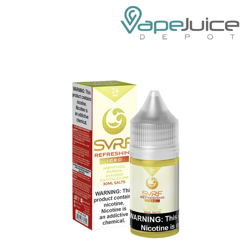 A box of ICED Refreshing SVRF Salt eLiquid with a warning sign and a 30ml bottle next to it - Vape Juice Depot