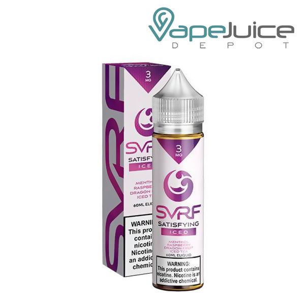 A box of ICED Satisfying SVRF eLiquid with a warning sign and a 60ml bottle next to it - Vape Juice Depot