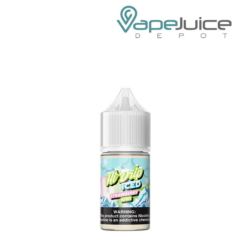 A 30ml bottle of Iced Strawberry Kiwi Hi Drip Salt with a warning sign - Vape Juice Depot