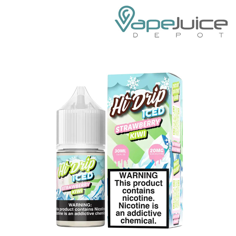 A 30ml bottle of ICED Strawberry Kiwi Hi Drip Salts and a box with a warning sign next to it - Vape Juice Depot