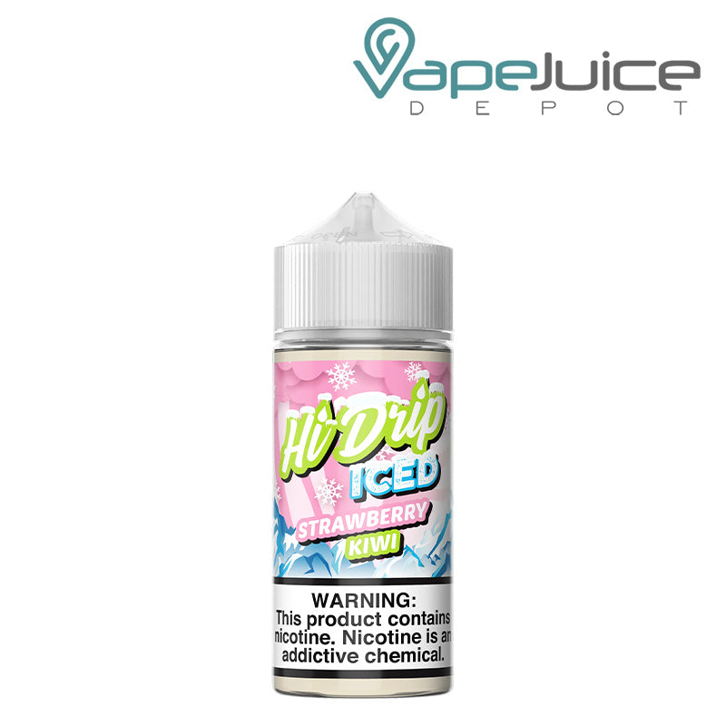 A 100ml bottle of Iced Strawberry Kiwi Hi Drip eLiquid with a warning sign - Vape Juice Depot