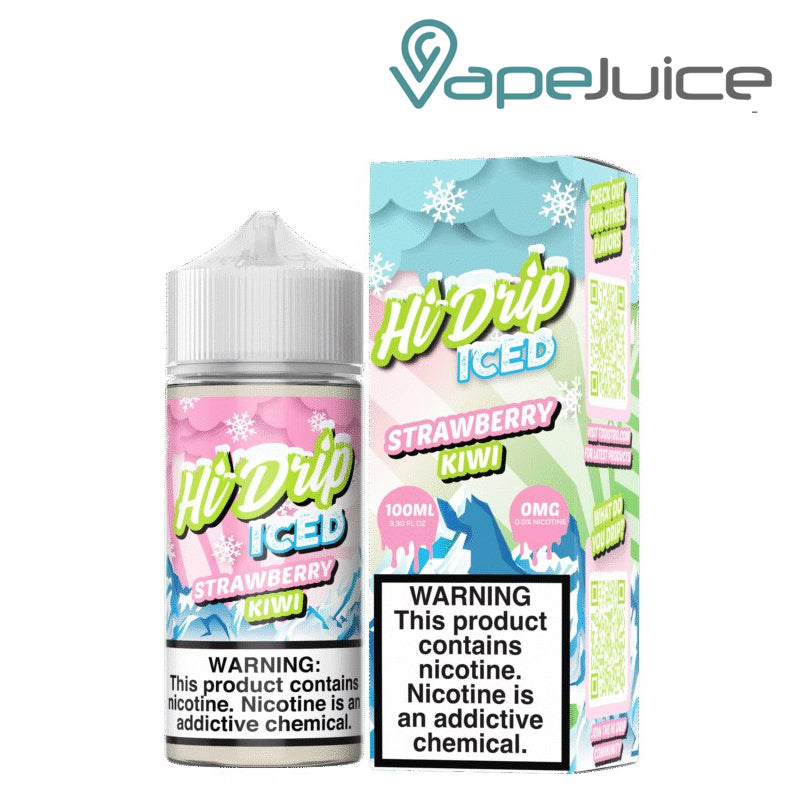 A 100ml bottle of ICED Strawberry Kiwi Hi Drip eLiquid and a box with a waning sign next to it - Vape Juice Depot