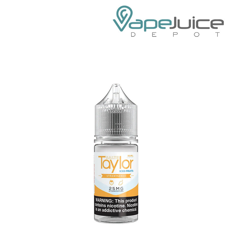 A 30ml bottle of ICED Strawmango Taylor Salts with a warning sign - Vape Juice Depot