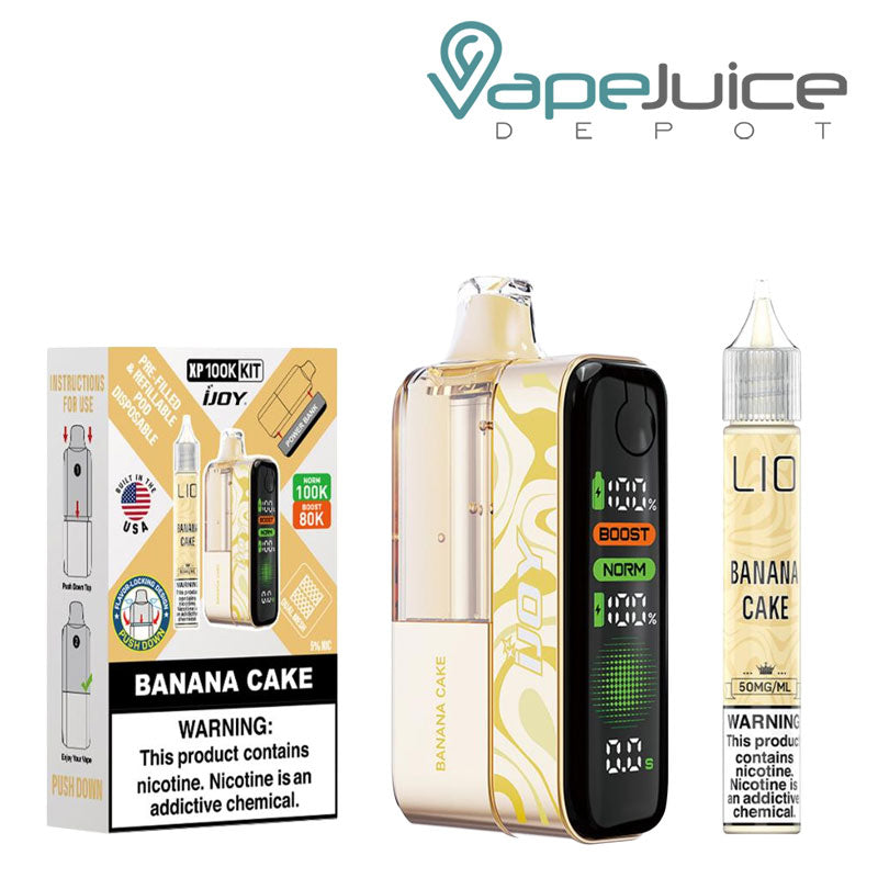 A Box of Banana Cake iJoy XP100K Disposable Kit with a warning sign and a device, 15ml eliquid bottle next to it - Vape Juice Depot