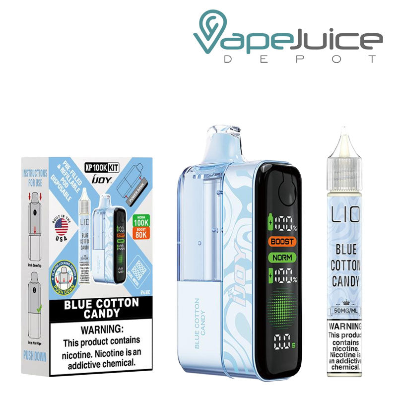 A Box of Blue Cotton Candy iJoy XP100K Disposable Kit with a warning sign and a device, 15ml eliquid bottle next to it - Vape Juice Depot