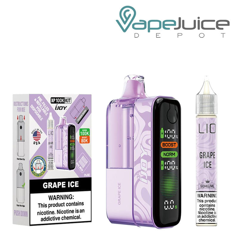 A Box of Grape Ice iJoy XP100K Disposable Kit with a warning sign and a device, 15ml eliquid bottle next to it - Vape Juice Depot