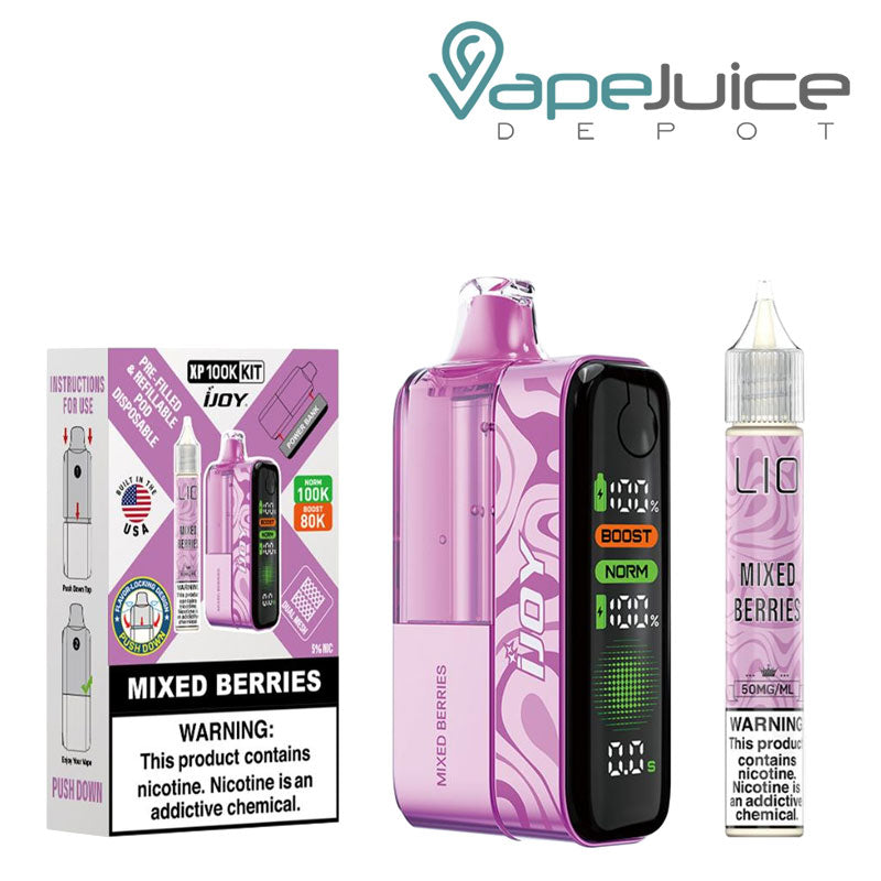 A Box of Mixed Berries iJoy XP100K Disposable Kit with a warning sign and a device, 15ml eliquid bottle next to it - Vape Juice Depot