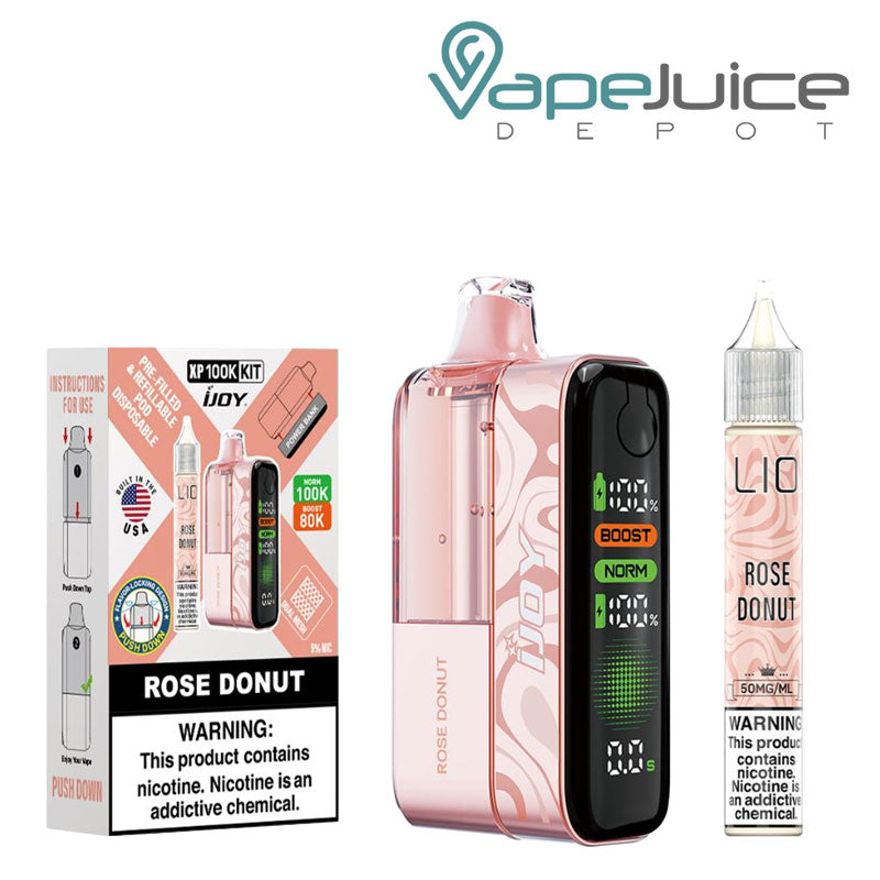 A Box of Rose Donut iJoy XP100K Disposable Kit with a warning sign and a device, 15ml eliquid bottle next to it - Vape Juice Depot