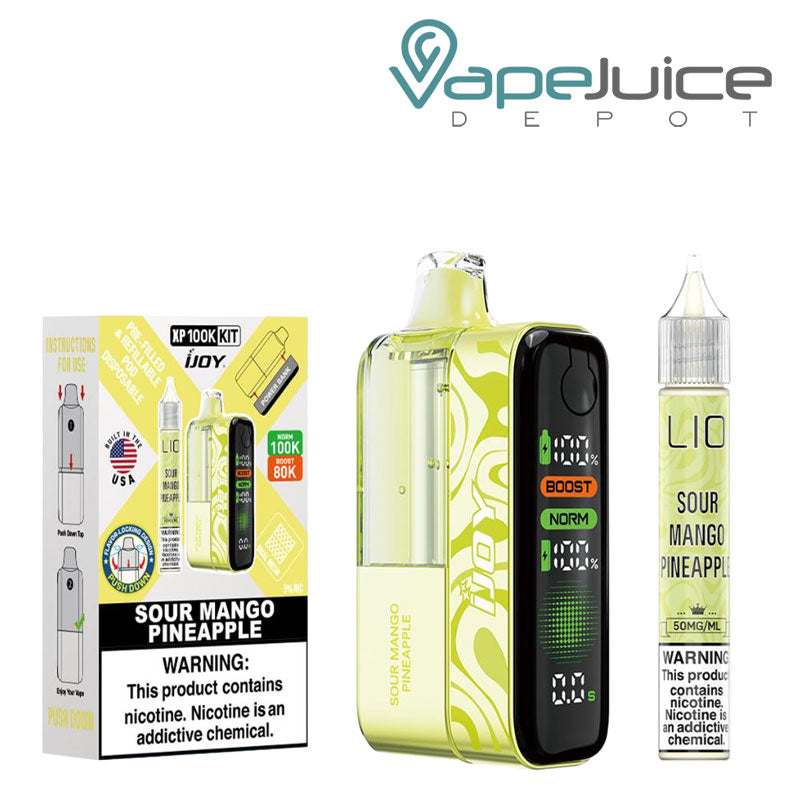 A Box of Sour Mango Pineapple iJoy XP100K Disposable Kit with a warning sign and a device, 15ml eliquid bottle next to it - Vape Juice Depot