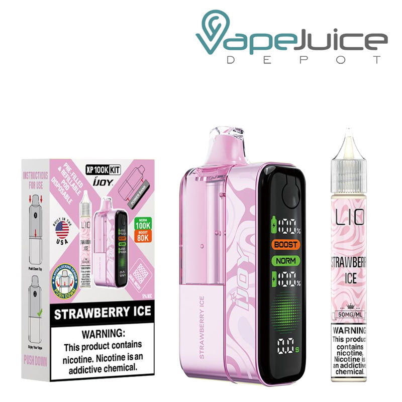 A Box of Strawberry Ice iJoy XP100K Disposable Kit with a warning sign and a device, 15ml eliquid bottle next to it - Vape Juice Depot