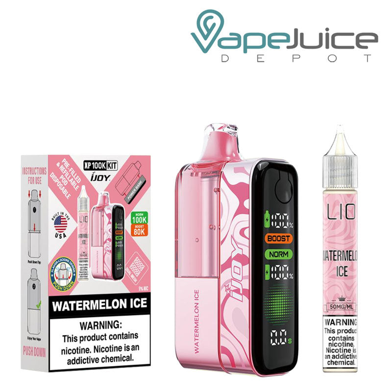 A Box of Watermelon Ice iJoy XP100K Disposable Kit with a warning sign and a device, 15ml eliquid bottle next to it - Vape Juice Depot