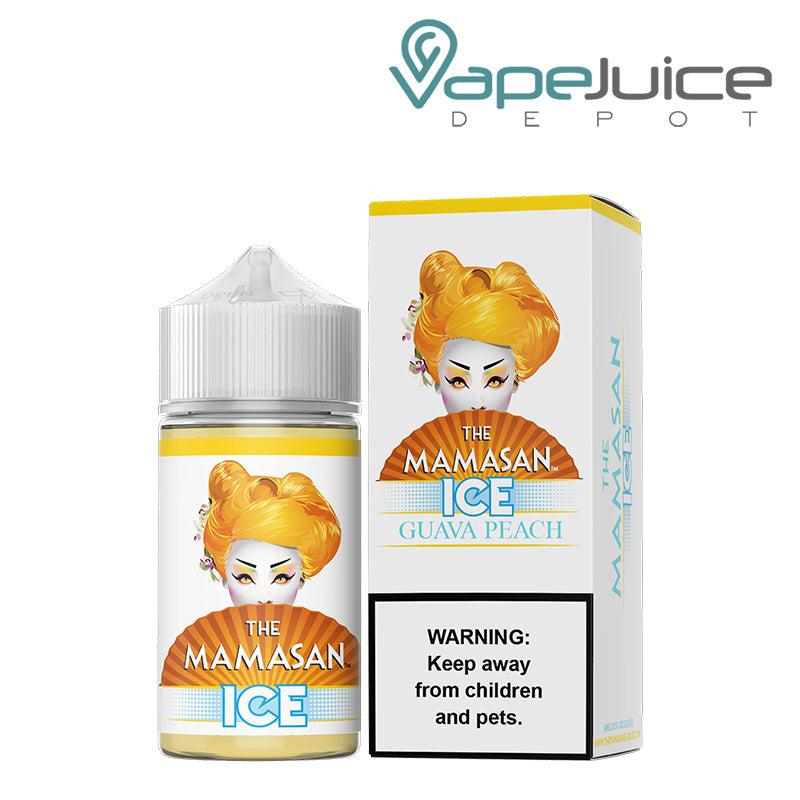 A 60ml bottle of Guava Pop Ice The Mamasan eLiquid and a box with a warning sign next to it - Vape Juice Depot