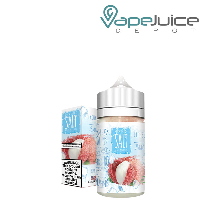 A box of Ice Lychee Skwezed Salt with a warning sign and a 30ml bottle next to it - Vape Juice Depot