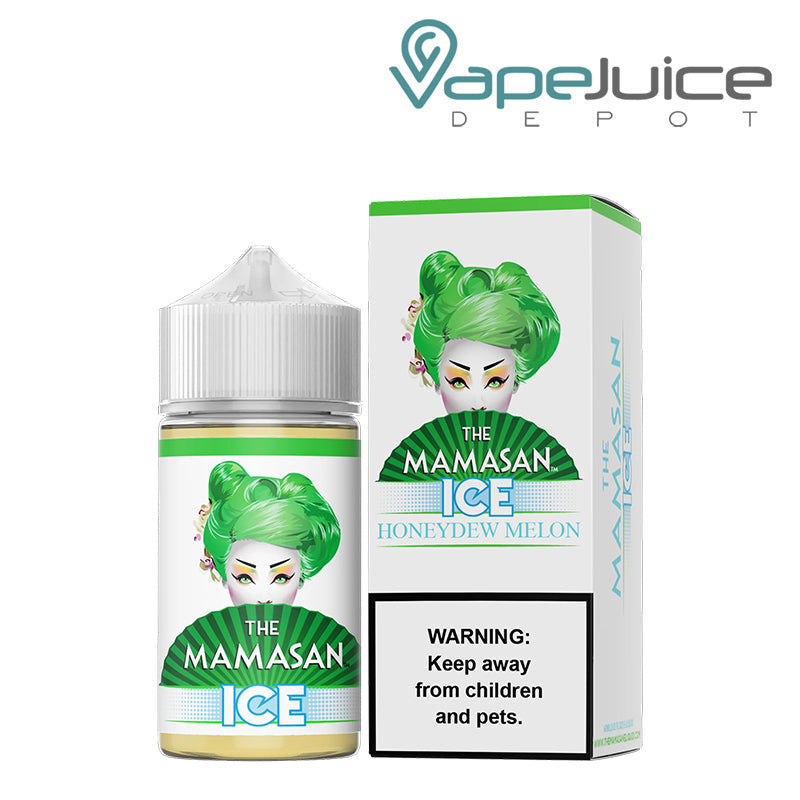 A 60ml bottle of Ice Mama Melon The Mamasan eLiquid and a box with a warning sign next to it - Vape Juice Depot