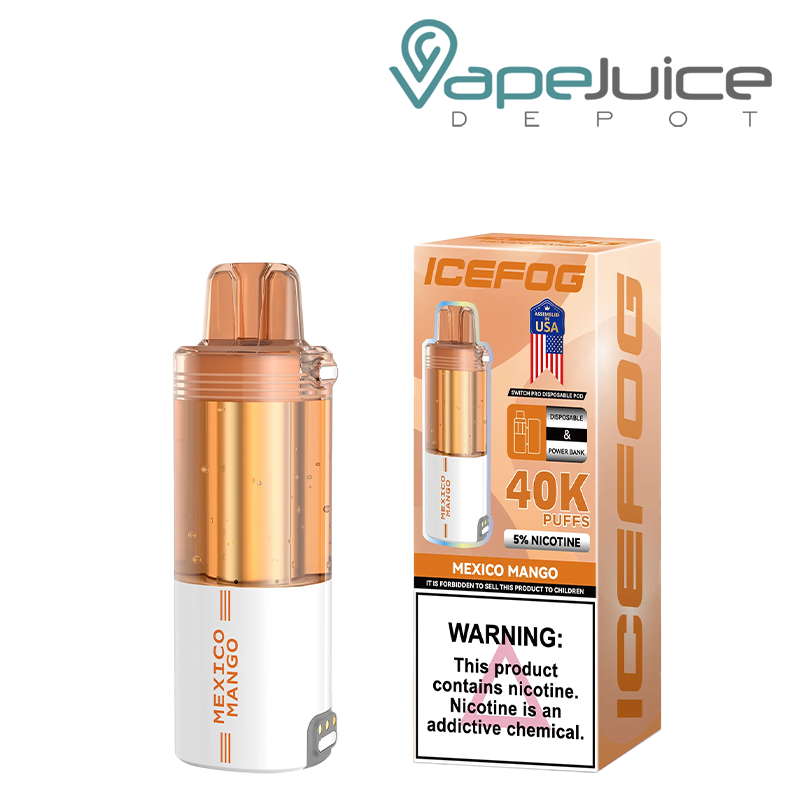 An IceFog 40K Switch Pro Disposable Pod in Mexico Mango flavor with a transparent e-liquid tank and matching box featuring a nicotine warning – Vape Juice Depot.