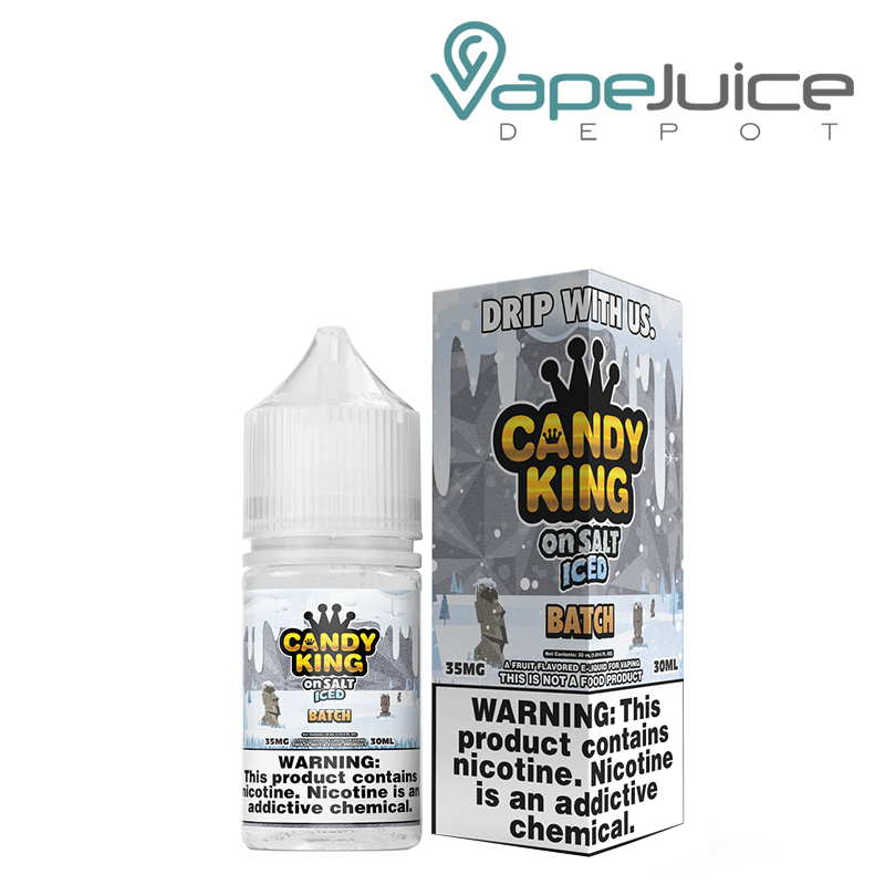 A 30ml bottle of Iced Batch Candy King On Salt and a box with a warning sign next to it - Vape Juice Depot