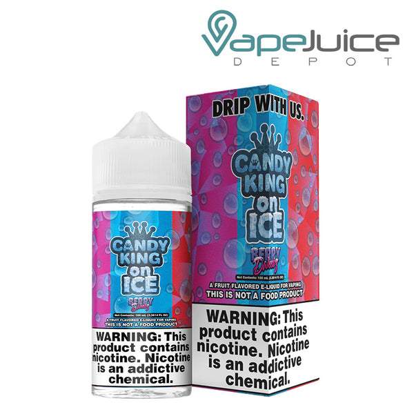 A 100ml bottle of Iced Berry Dweebz Candy King eLiquid and a box with a warning sign next to it - Vape Juice Depot