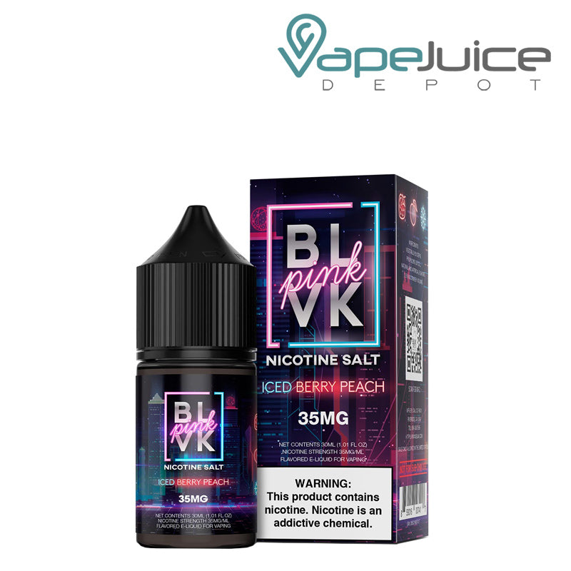 A 30ml bottle of Iced Berry Peach Salt BLVK Pink Series and a box with a warning sing next to it - Vape Juice Depot