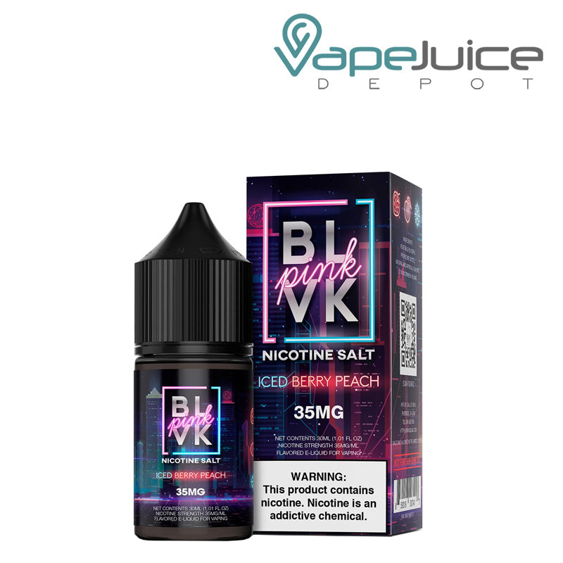 A 30ml bottle of Iced Berry Peach Salt BLVK Pink Series and a box with a warning sing next to it - Vape Juice Depot