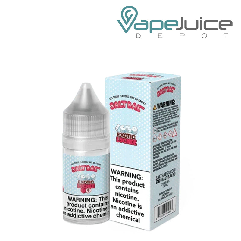 A 30ml bottle of Iced Exotic Lychee SaltBae50 Salt and a box with a warning sign next to it - Vape Juice Depot