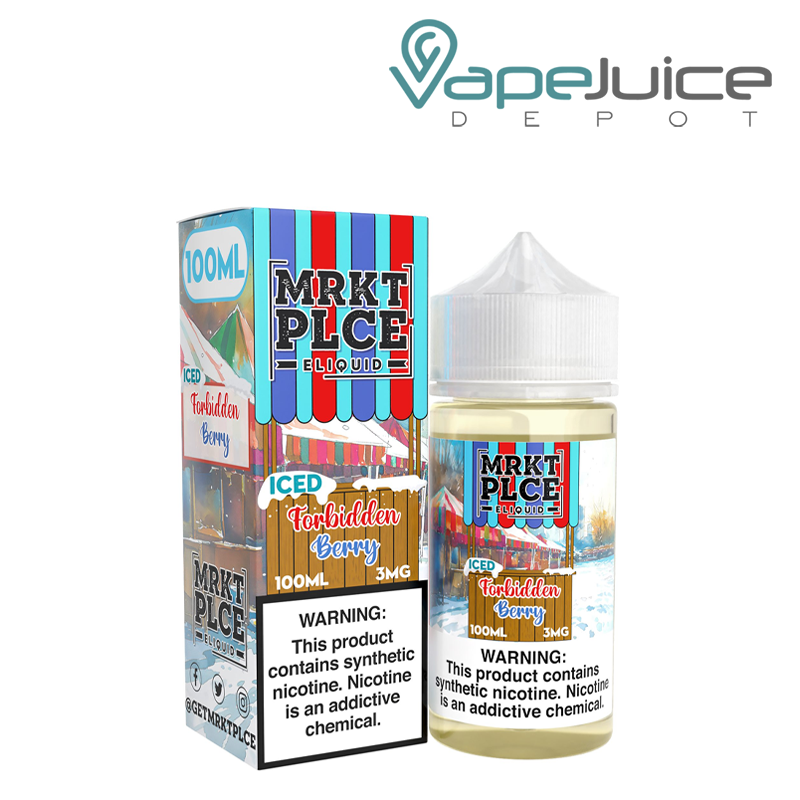 A Box of Forbidden Berry Iced MRKTPLCE with a warning sign and a 100ml bottle next to it - Vape Juice Depot