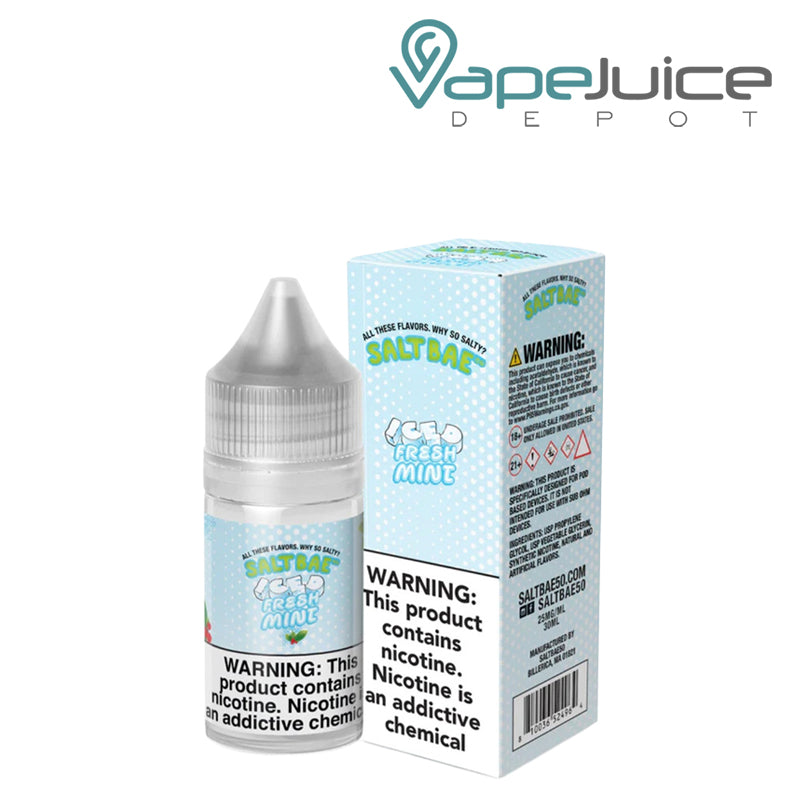 A 30ml bottle of Iced Fresh Mint SaltBae50 Salt and a box with a warning sign next to it - Vape Juice Depot