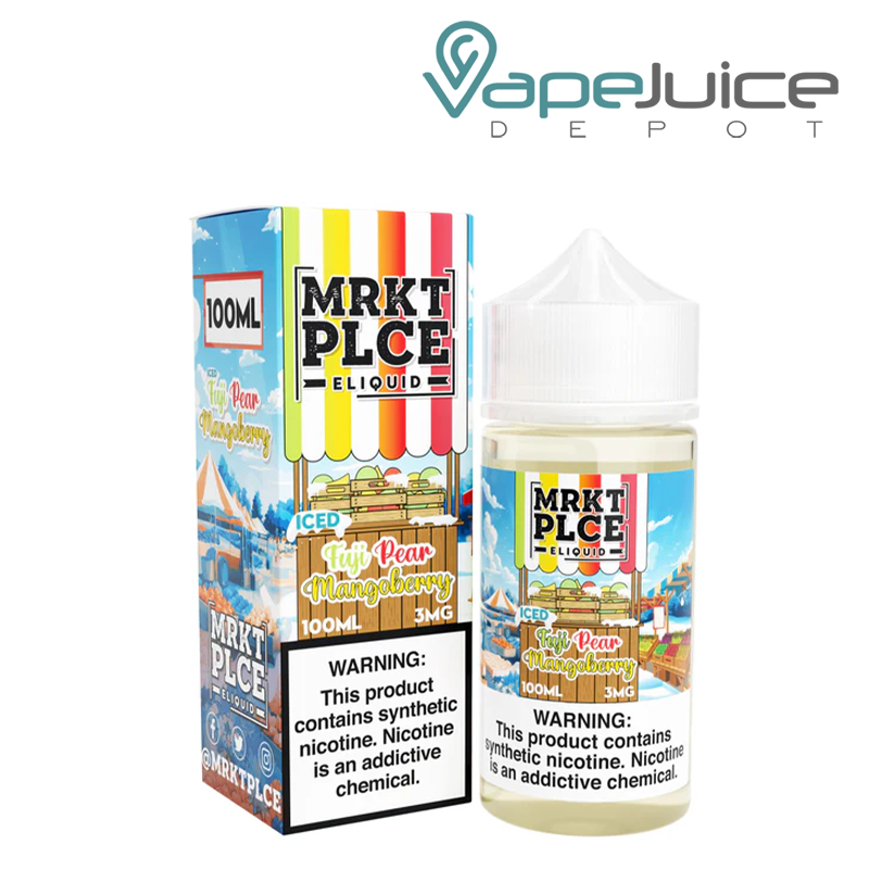 A Box of Iced Fuji Pear Mangoberry MRKTPLCE eLiquid with a warning sign and a 100ml bottle next to it - Vape Juice Depot