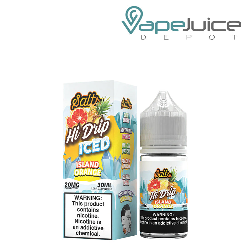 A box of 20mg Iced Island Orange Hi Drip Salts and a 30ml bottle with a warning sign next to it - Vape Juice Depot
