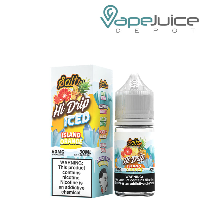A box of 50mg Iced Island Orange Hi Drip Salts and a 30ml bottle with a warning sign next to it - Vape Juice Depot