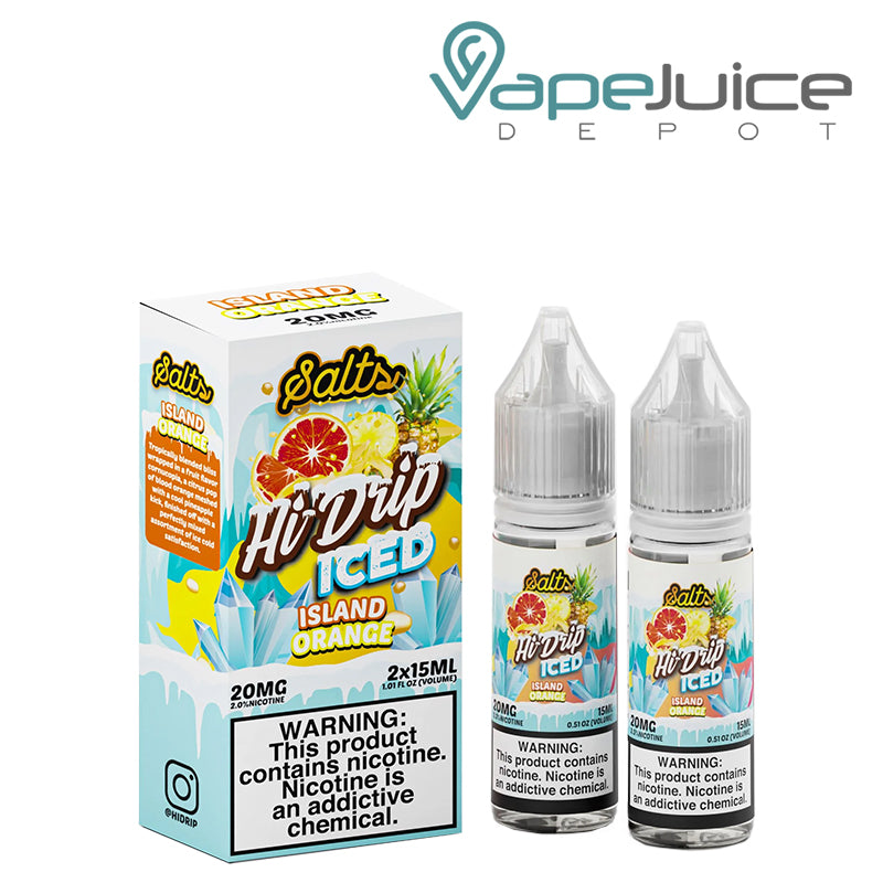 A box of Iced Island Orange Hi Drip Salts and two 15ml bottle with a warning sign next to it - Vape Juice Depot