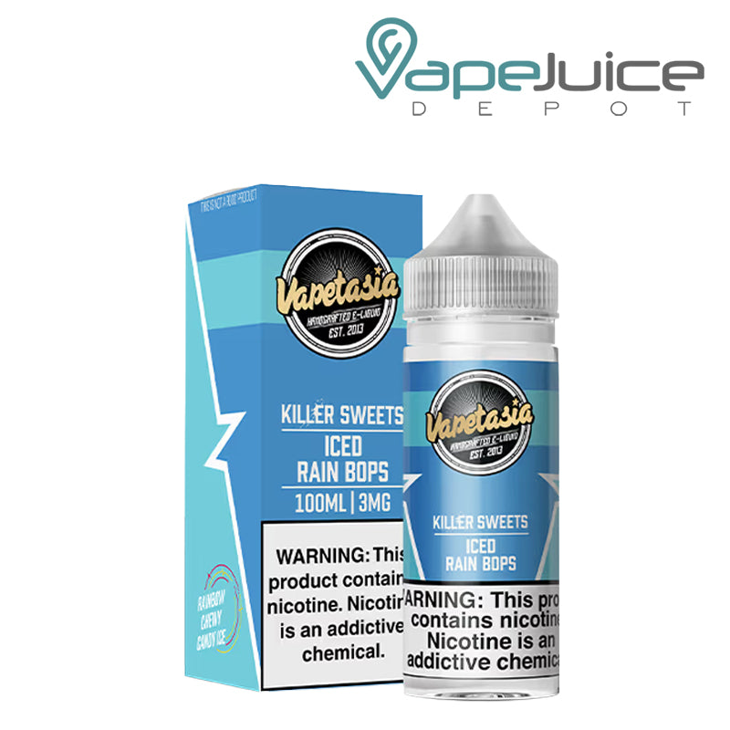 A Box of Iced Killer Sweets Rain Bops Vapetasia Synthetic with a warning sign and a 100ml bottle next to it - Vape Juice Depot