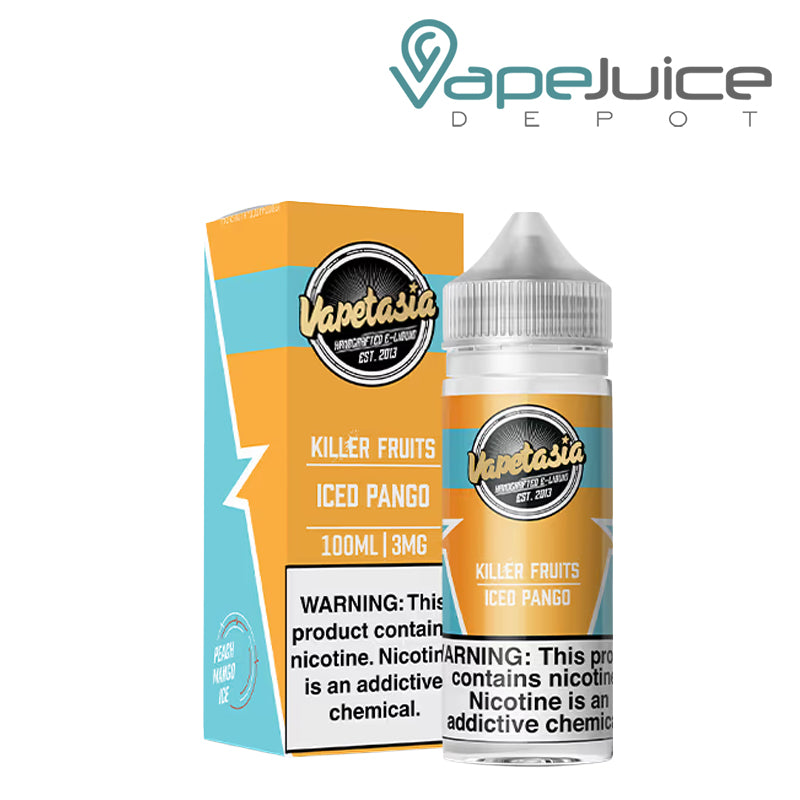 A box of Iced Pango Vapetasia eLiquid and a 100ml bottle with a warning sign next to it - Vape Juice Depot