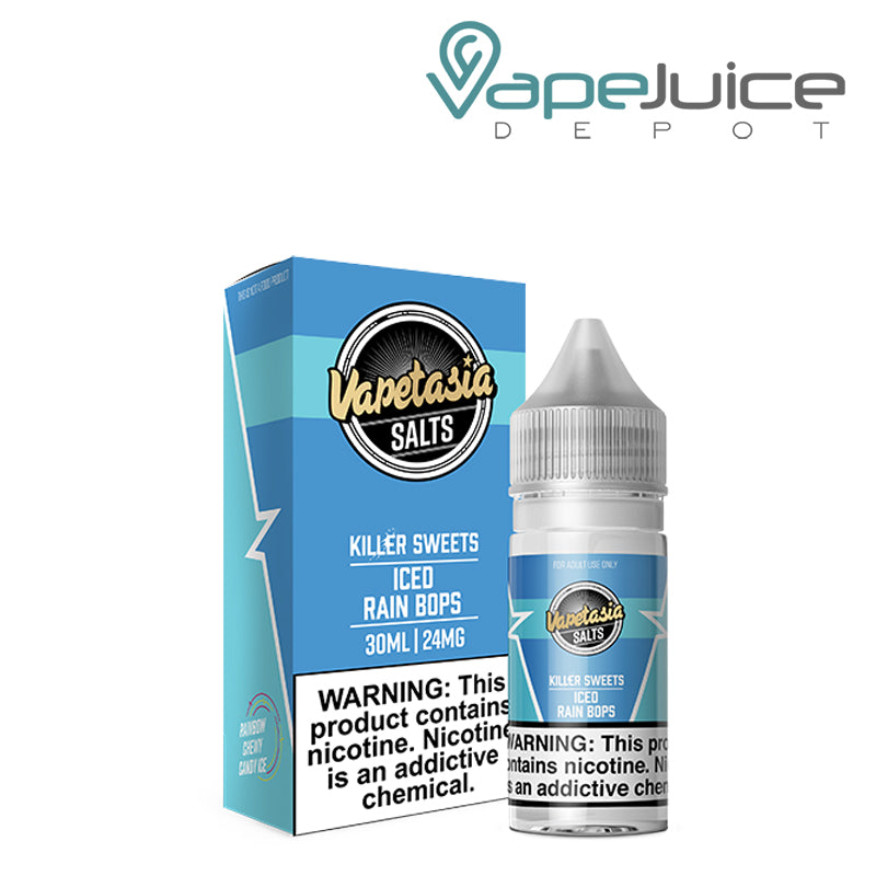 A box of Iced Rain Bops Vapetasia Salts with a warning sign and a 30ml bottle next to it - Vape Juice Depot