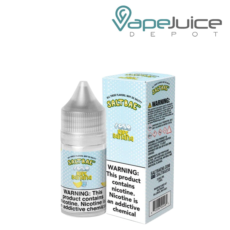 A 30ml bottle of Iced Ripe Banana SaltBae50 Salt and a box with a warning sign next to it - Vape Juice Depot
