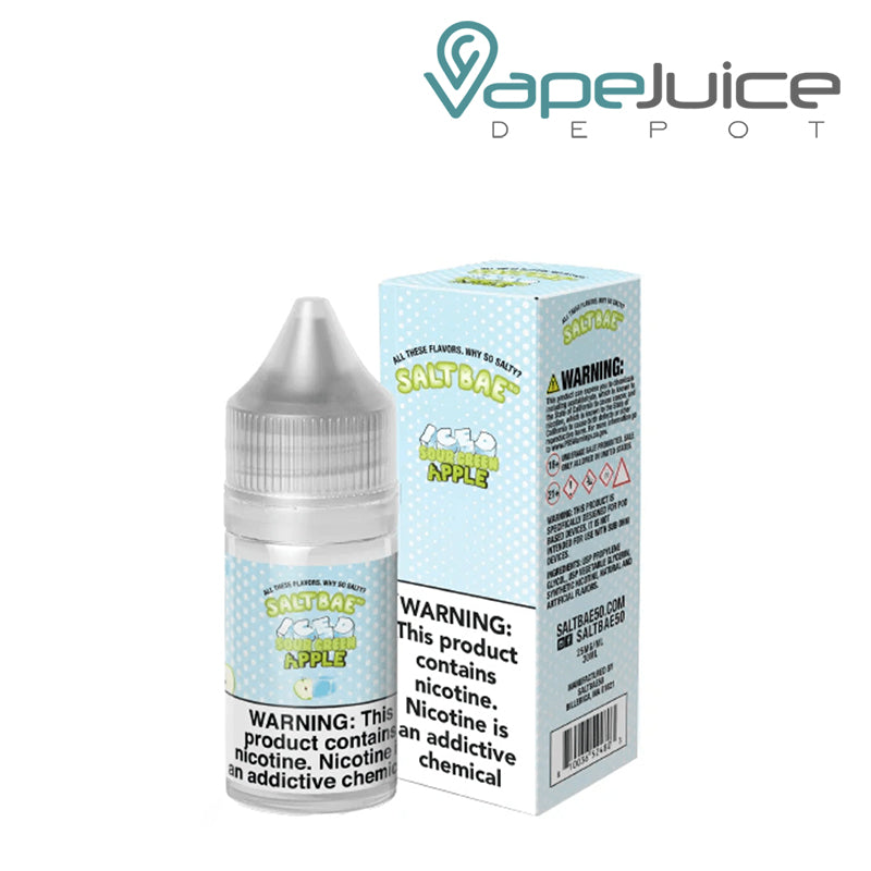 A 30ml bottle of Iced Sour Green Apple SaltBae50 Salt and a box with a warning sign next to it - Vape Juice Depot