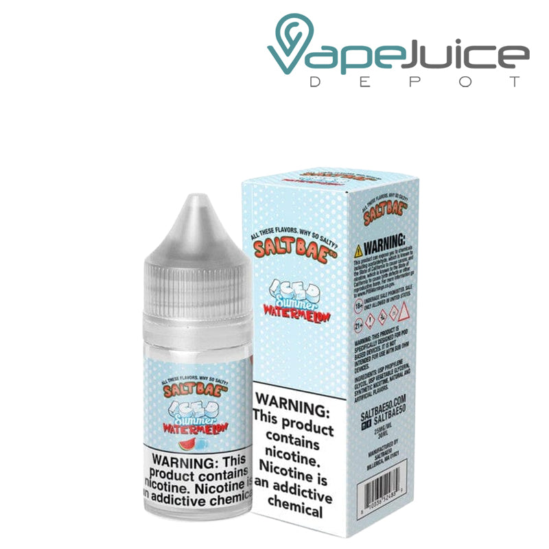 A 30ml bottle of Iced Summer Watermelon SaltBae50 Salt and a box with a warning sign next to it - Vape Juice Depot