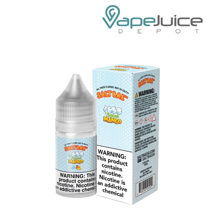 A 30ml bottle of Iced Tropical Mango SaltBae50 Salt and a box with a warning sign next to it - Vape Juice Depot
