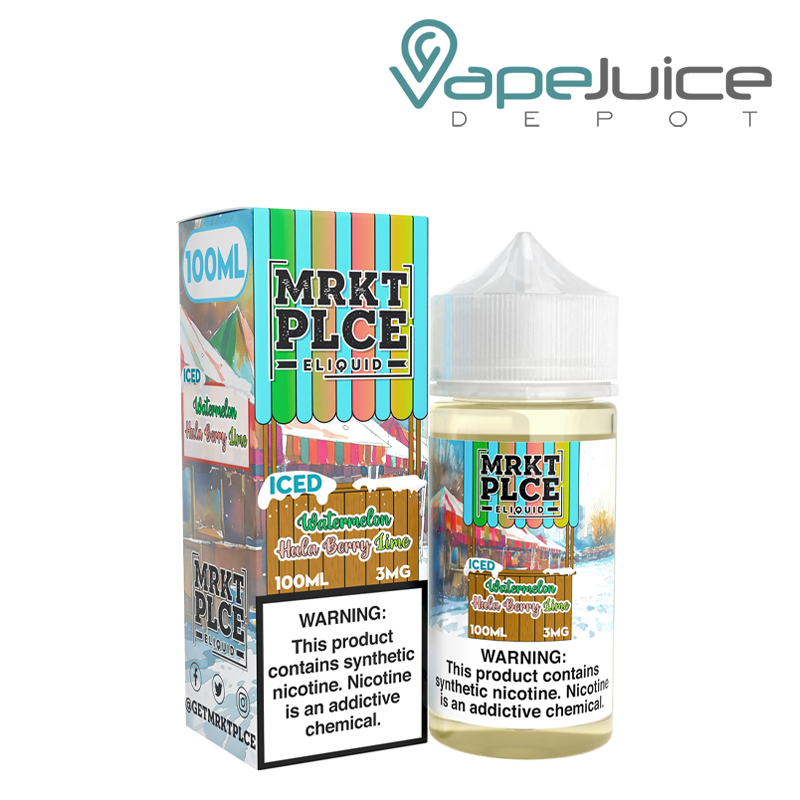 A Box of Watermelon Hulaberry Lime Iced MRKTPLCE with a warning sign and a 100ml bottle next to it - Vape Juice Depot