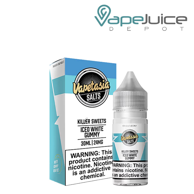 A Box of Iced White Gummy Vapetasia Salts with a warning sign and a 30ml bottle next to it - Vape Juice Depot