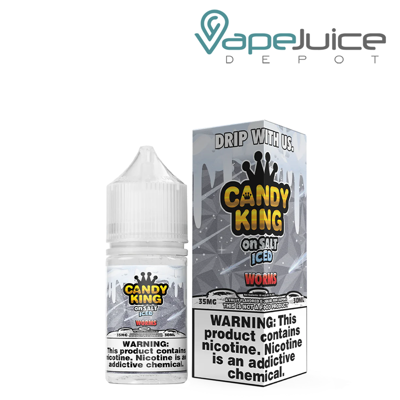 A 30ml bottle of Iced Worms Candy King On Salt and a box with a warning sign next to it - Vape Juice Depot